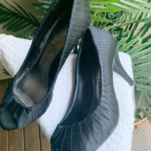 WHBM Black satin open toe heels